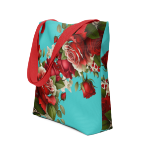 Exclusive All Over Print Tote Turquoise and Red Roses