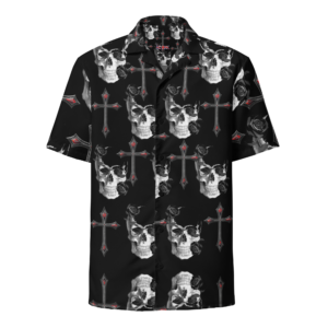 ICJUK Unisex Button down short sleeve shirt Black and White Skull & Crosses