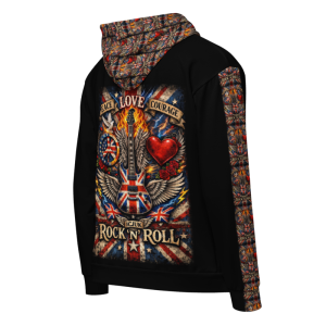 ICJUK Peace Love Courage RocknRoll Black All-Over Print Unisex Zipper Hoodie