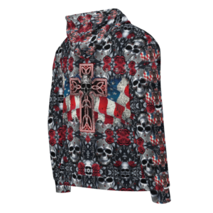 ICJUK All-Over Print Unisex Zipper Hoodie silver skull and Roses with USA Flag Cross & Skulls