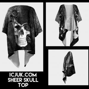ICJUK open style Kimono lightweight sheer cover up Black and White Skull