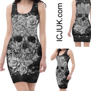 Exclusive Black and white lace skull and roses Comfy soft Bodycon Dress