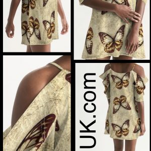 ICJUK Vintage Butterflies Open Shoulder A-Line Dress