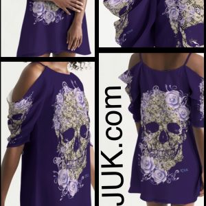 ICJUK Purple Lace Skull and Roses Open Shoulder A-Line Dress