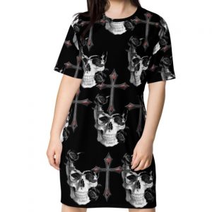 ICJUK Large Black and White Skulls with Crosses All-Over Print T-Shirt Dress