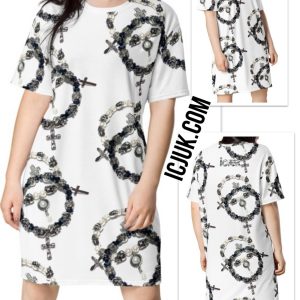 ICJUK All-Over Print T-Shirt Dress Metal Skulls and Crosses