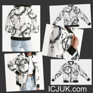 Exclusive ICJUK Custom made Women’s Bomber Jacket Metal skulls and Crosses
