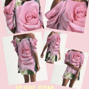 ICJUK Open Shoulder A-Line Dress Stunning Pink Rose