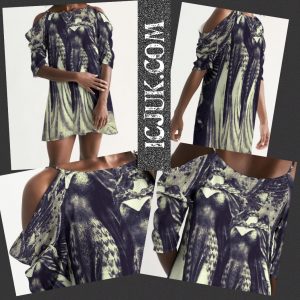 ICJUK Open Shoulder A-Line Dress feather wings and headless statue