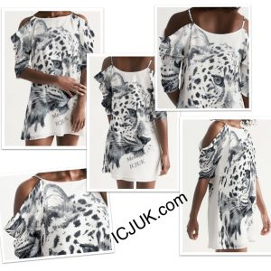 ICJUK Black and White Leopard Open Shoulder A-Line Dress