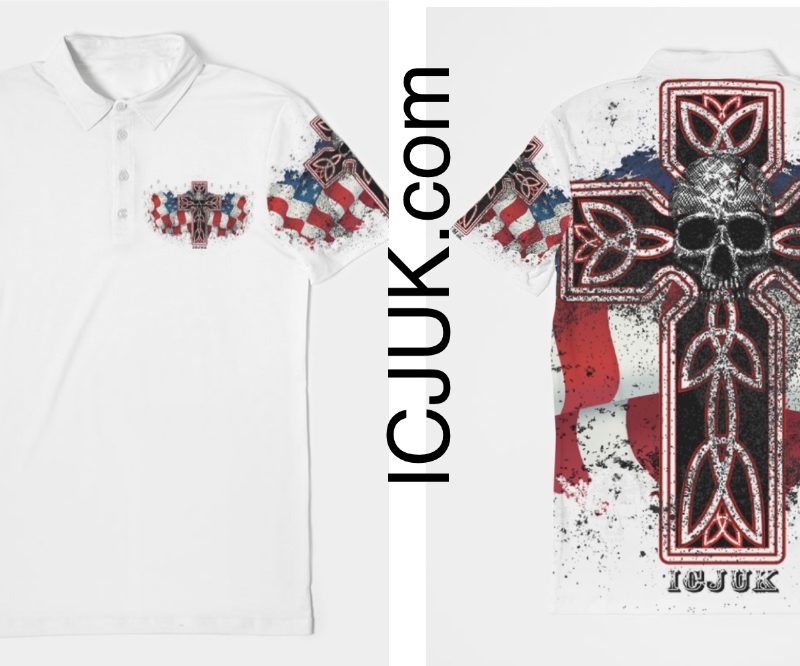 ICJUK White USA cross and Skulls Exclusive Fashion Slim Fit Short Sleeve Polo shirt