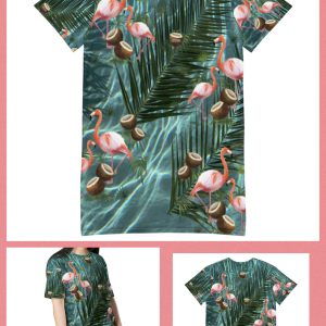 ICJUK Pink Flamingos and  Palms All-Over Print T-Shirt Dress