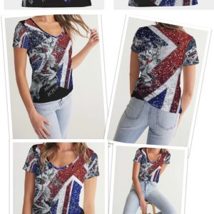 Union Jack Black and White Leopard All over Print Women’s V-Neck Tee