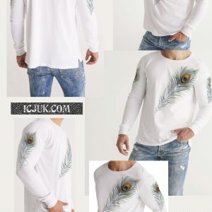 Men’s Slim fit Long Sleeve Tee White ICJUK Peacock feather