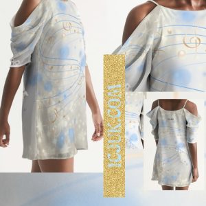 ICJUK Open Shoulder A-Line Dress Gold toned musical notes