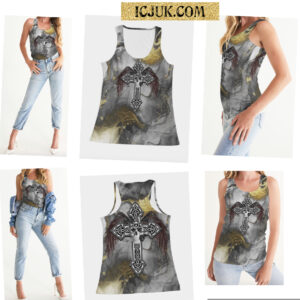 Ladies Tank all over print ICJUK Brown feather wings with Skull and Cross