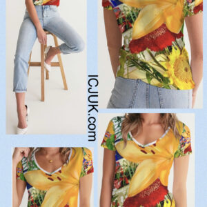 All over Print Women’s V-Neck Tee Vibrant Floral ICJUK Logo