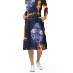 ICJUK All-Over Print Long Sleeve Dress with Pockets Quadskulls Flames