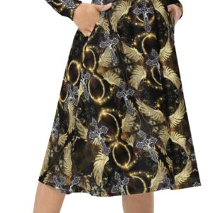 ICJUK All-Over Print Long Sleeve Dress with Pockets Brown feather wings with Skull and Cross