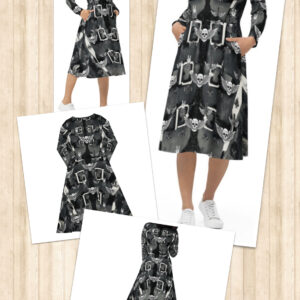 ICJUK All-Over Print Long Sleeve Dress with Pockets Rock and Roll Skull attitude
