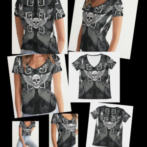 All over Print Women’s V-Neck Tee ICJUK Rock and Roll Skull attitude