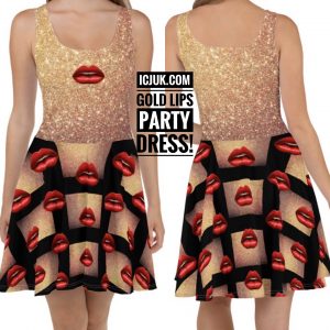 ICJUK Gold Lips Exclusive Custom made Skater Style Dress