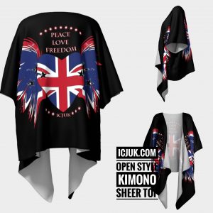 ICJUK Union Jack Heart and Wings Peace Love Freedom open style Kimono lightweight sheer cover up