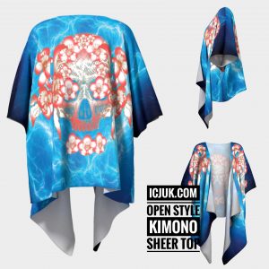 ICJUK OA Floral Skull Electric Blue open style Kimono lightweight sheer cover up
