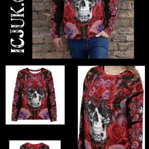 ICJUK All-Over Print Unisex Sweatshirt Floral Skulls and Red Roses