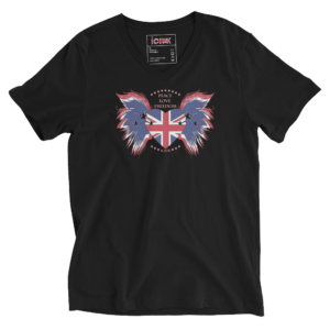 ICJUK V neck Union Jack Heart with Wings Peace Love Freedom