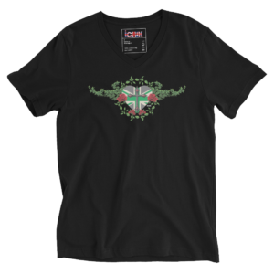 ICJUK V neck Green Union Jack Heart with Cross and Vines and Roses